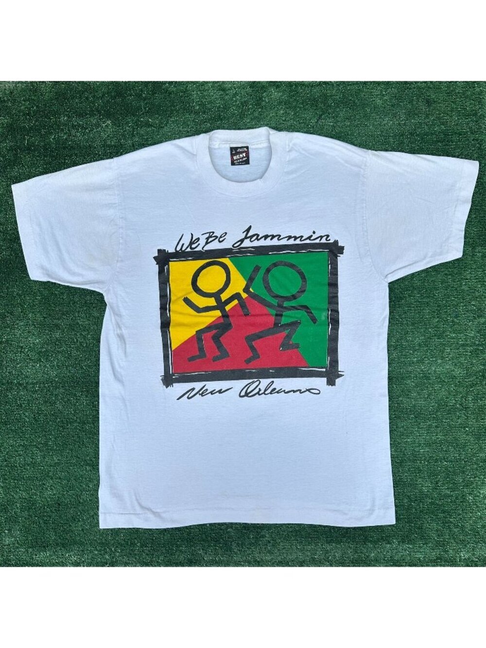 Vintage 90s Jammin New Orleans T-Shirt White L Single Stitch NOLA Tourist Rasta